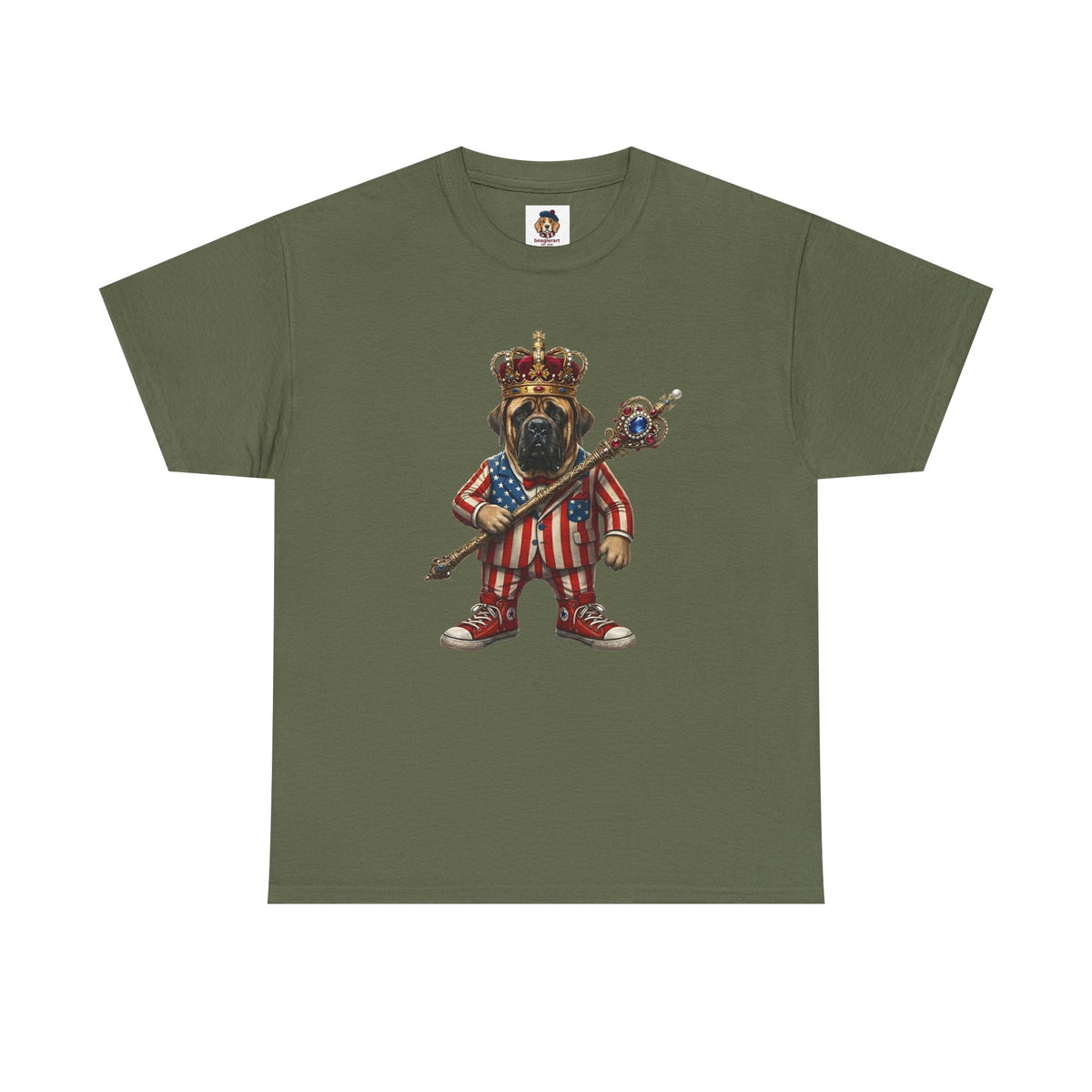 No Kings tee — Stars & Stripes American Mastiff in Crown (Democracy Reminder)