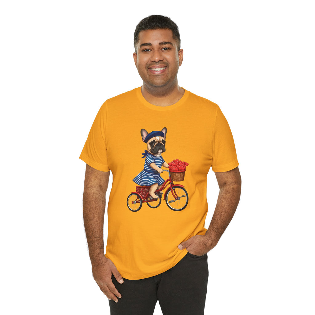 Frenchie à Vélo T-Shirt — French Bulldog on Bicycle with Heart Roses Tee
