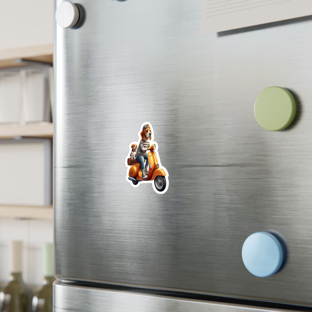 Beagle on Orange Vespa Kiss-Cut Vinyl Decal — Cute ‘La Dolce Vita’ Scooter Sticker