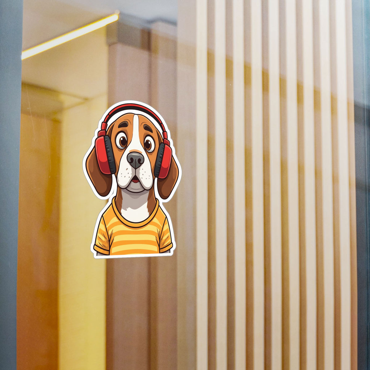 Beagle with Headphones Vinyl Sticker — Cute Startled Dog Decal for Laptops & Water Bottles