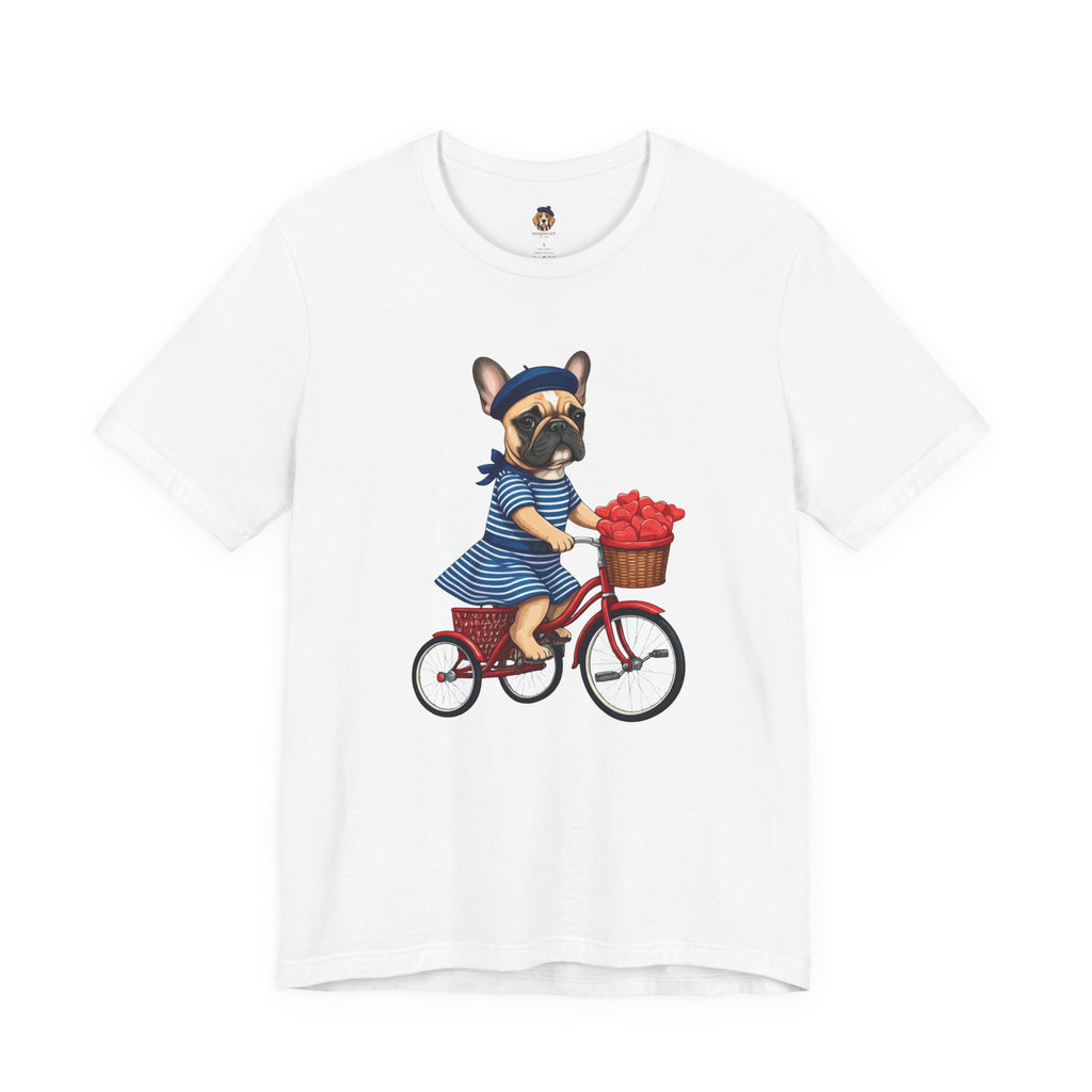 Frenchie à Vélo T-Shirt — French Bulldog on Bicycle with Heart Roses Tee