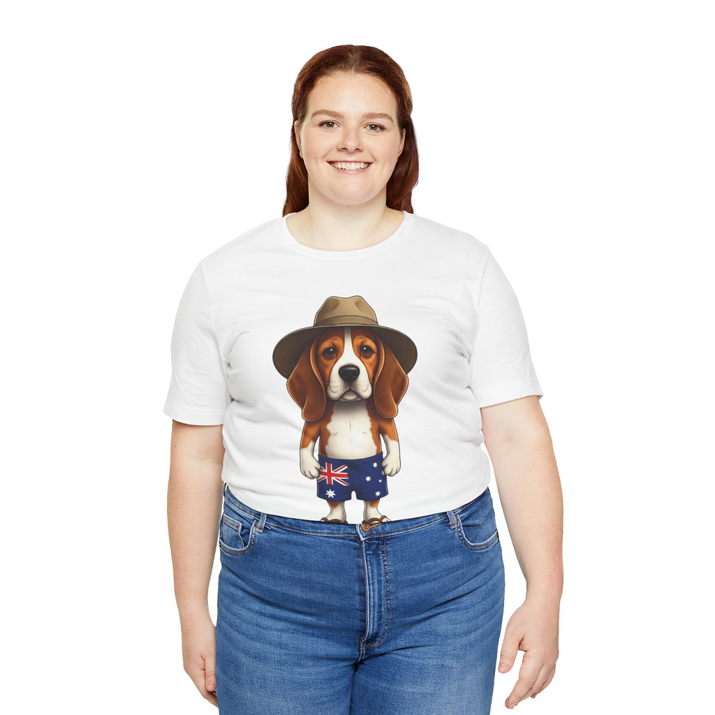 Beagle Aussie Summer Tee - Cute Dog in Akubra Hat & Australian Flag Shorts