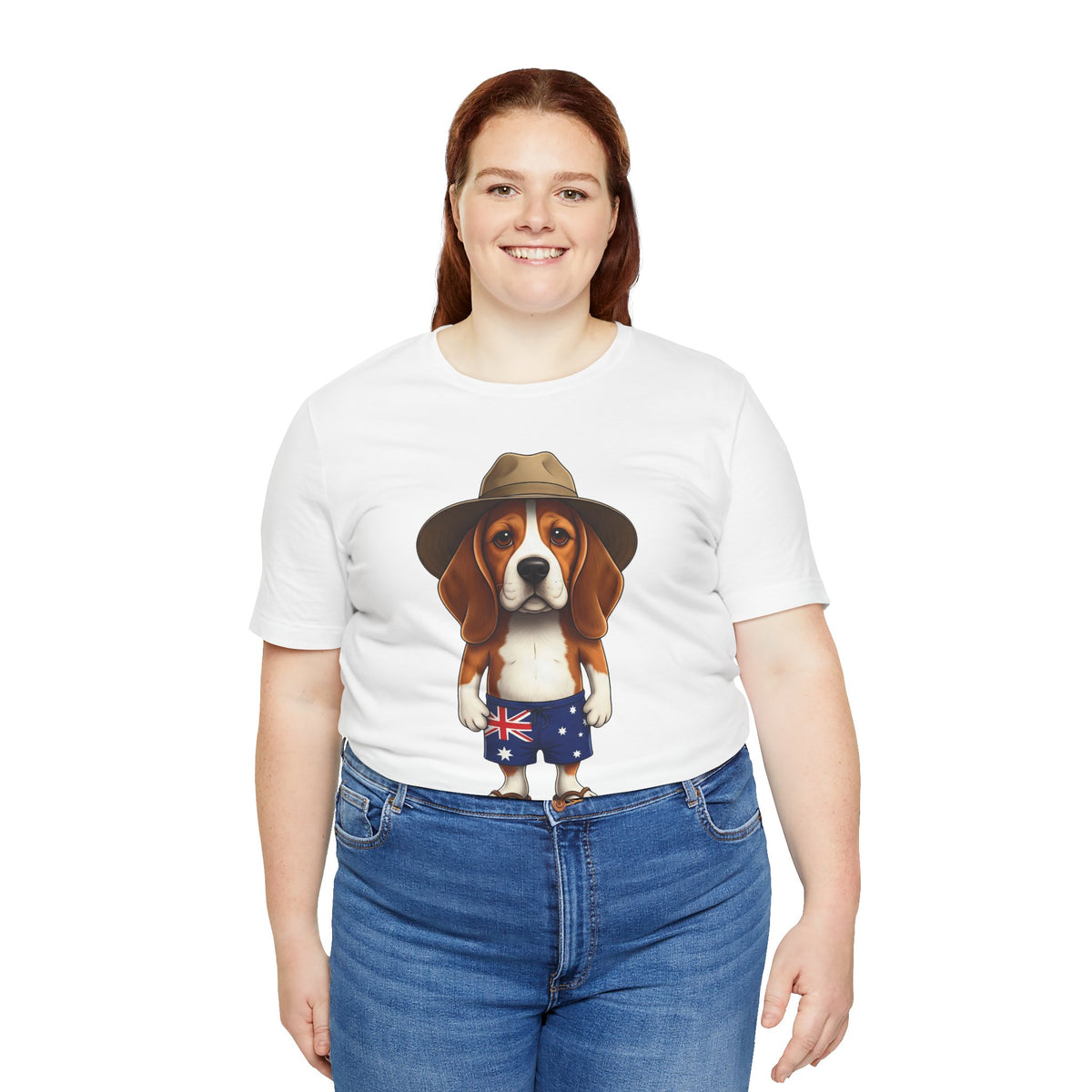 Beagle Aussie Summer Tee - Cute Dog in Akubra Hat & Australian Flag Shorts
