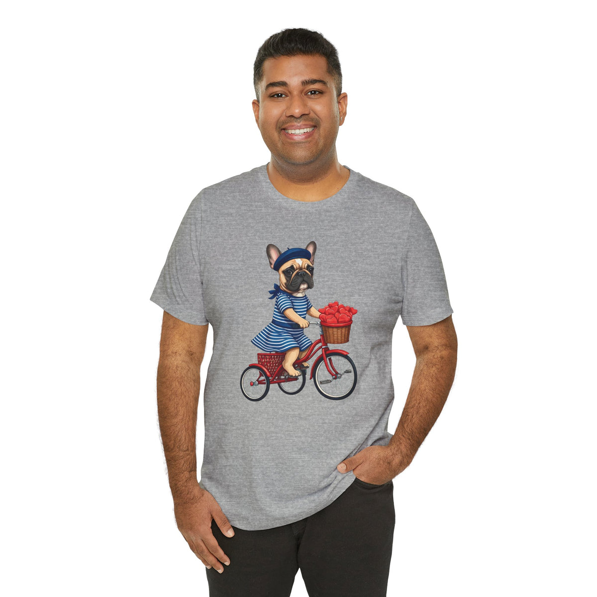Frenchie à Vélo T-Shirt — French Bulldog on Bicycle with Heart Roses Tee