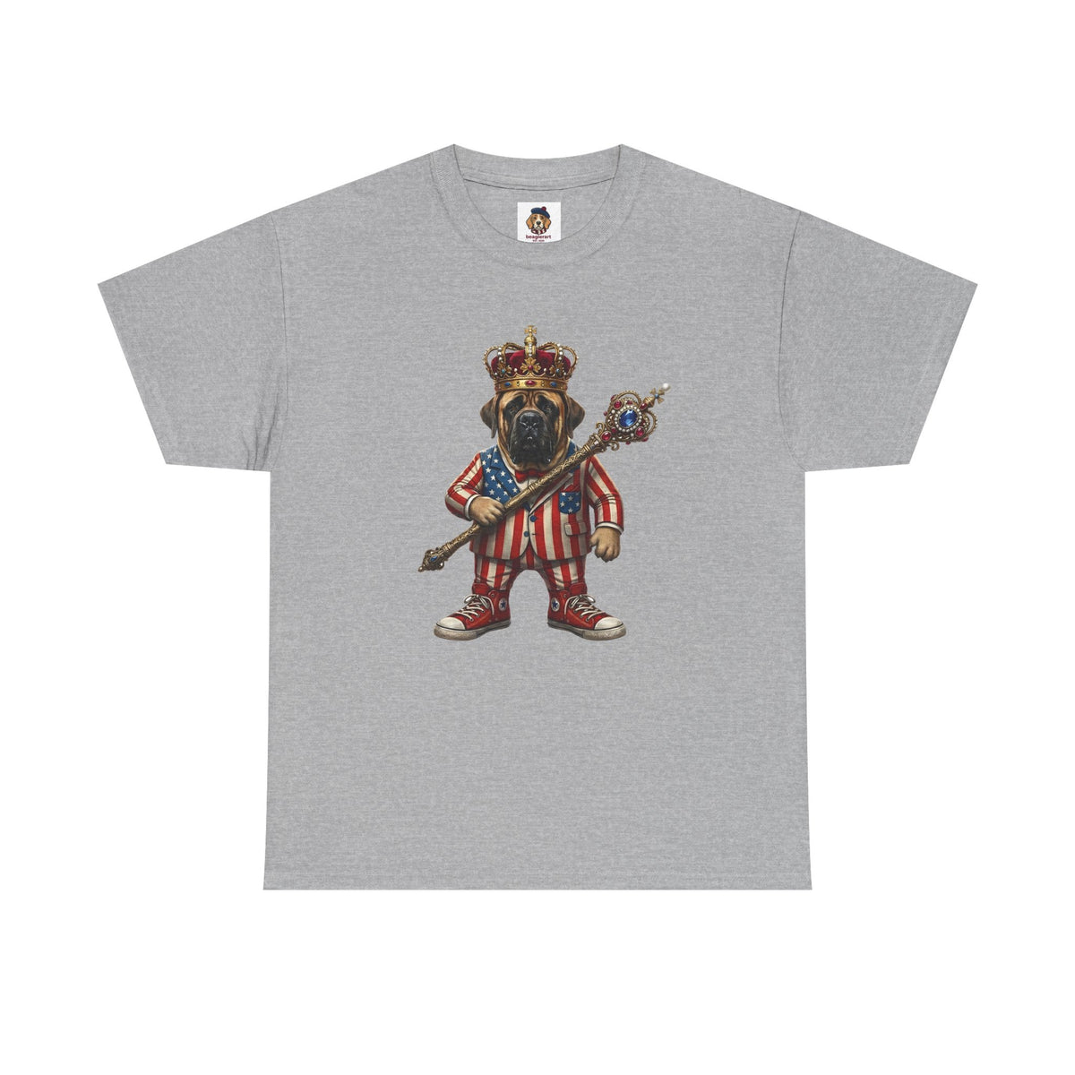No Kings tee — Stars & Stripes American Mastiff in Crown (Democracy Reminder)