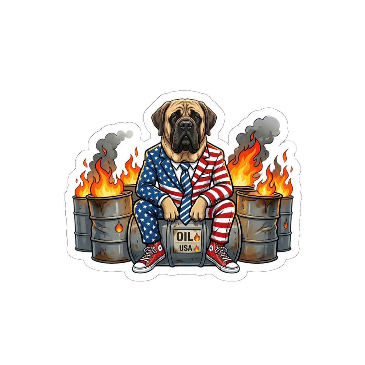 Patriotic Mastiff Sticker — American Flag Suit, Oil Drum Flames Kiss-Cut Decal