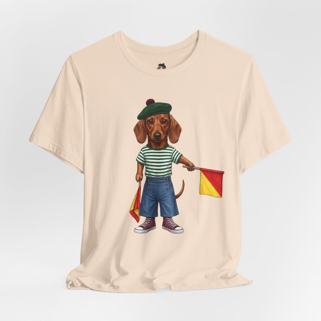 Semaphore Dachshund Graphic Unisex T-Shirt – Letter B | Maritime Signal Dog Tee