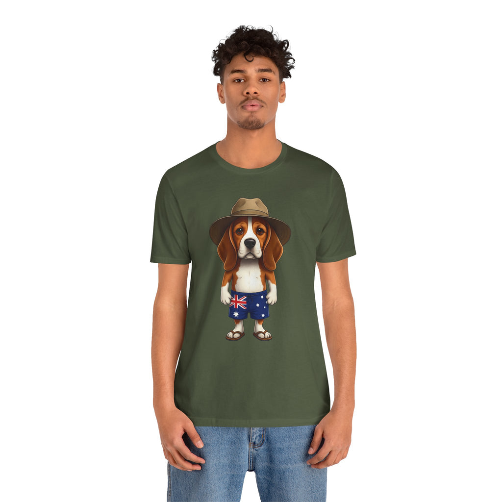 Beagle Aussie Summer Tee - Cute Dog in Akubra Hat & Australian Flag Shorts