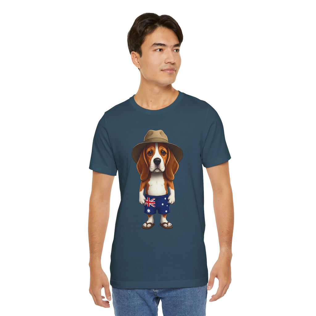 Beagle Aussie Summer Tee - Cute Dog in Akubra Hat & Australian Flag Shorts