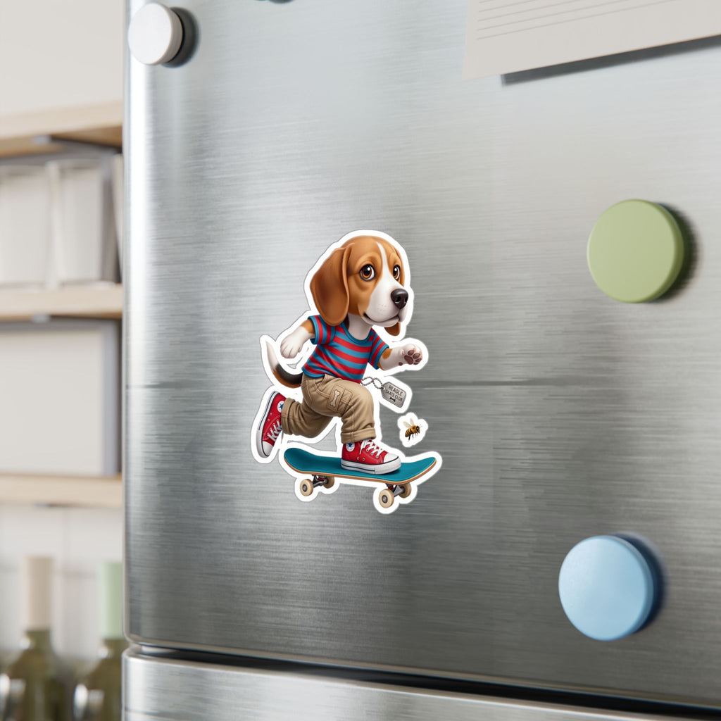 Skateboarding Beagle Sticker — Cute Vinyl Kiss-Cut Decal for Laptops, Water Bottles & Windows
