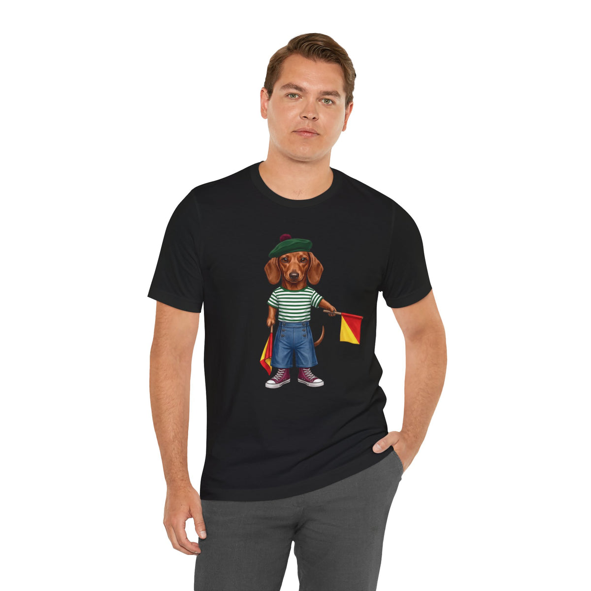 Semaphore Dachshund Graphic Unisex T-Shirt – Letter B | Maritime Signal Dog Tee