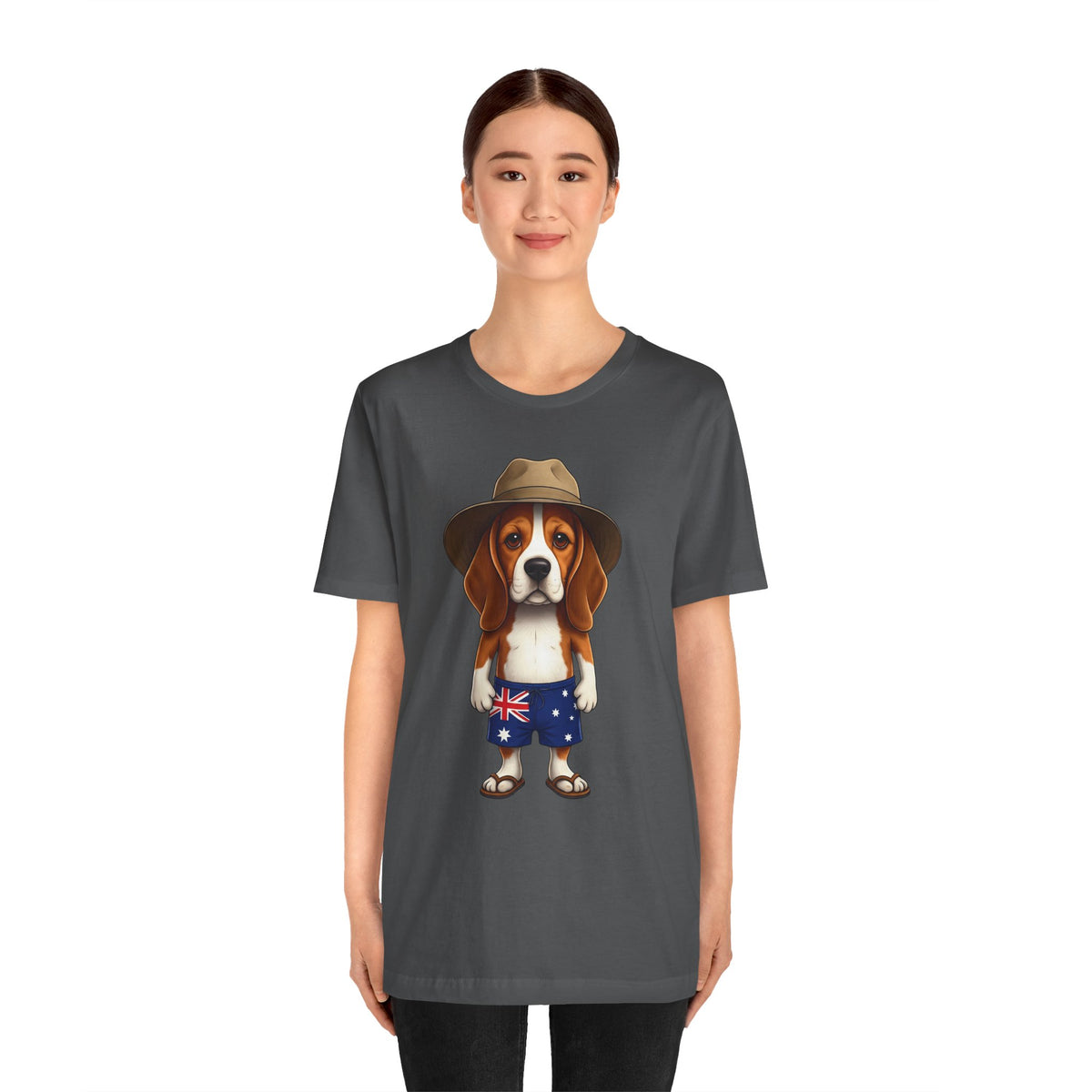 Beagle Aussie Summer Tee - Cute Dog in Akubra Hat & Australian Flag Shorts