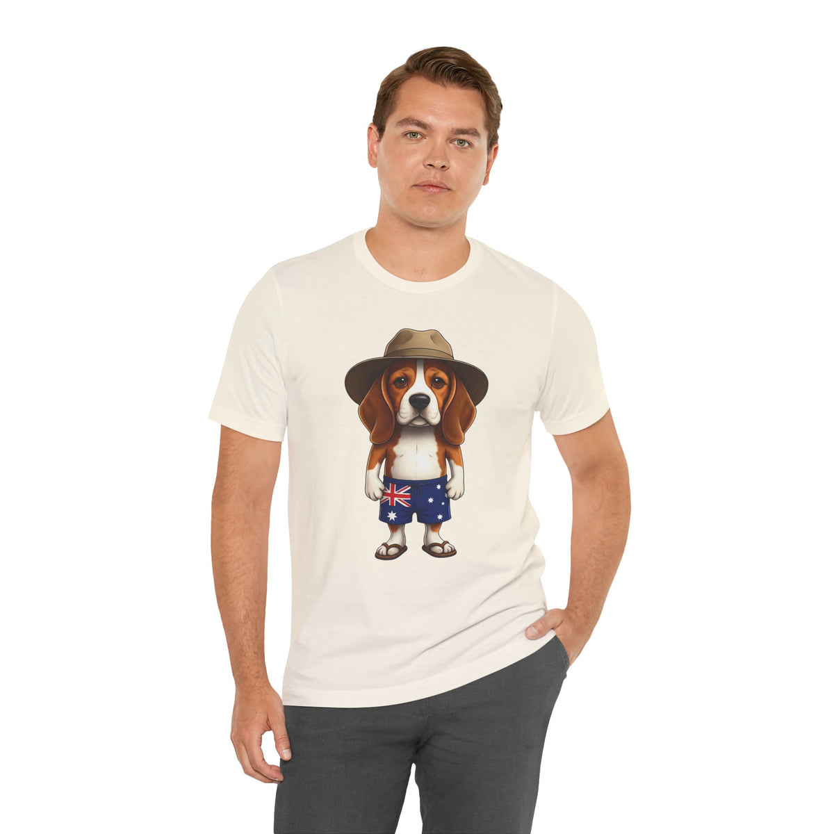 Beagle Aussie Summer Tee - Cute Dog in Akubra Hat & Australian Flag Shorts
