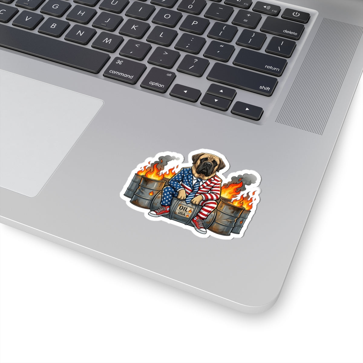 Patriotic Mastiff Sticker — American Flag Suit, Oil Drum Flames Kiss-Cut Decal