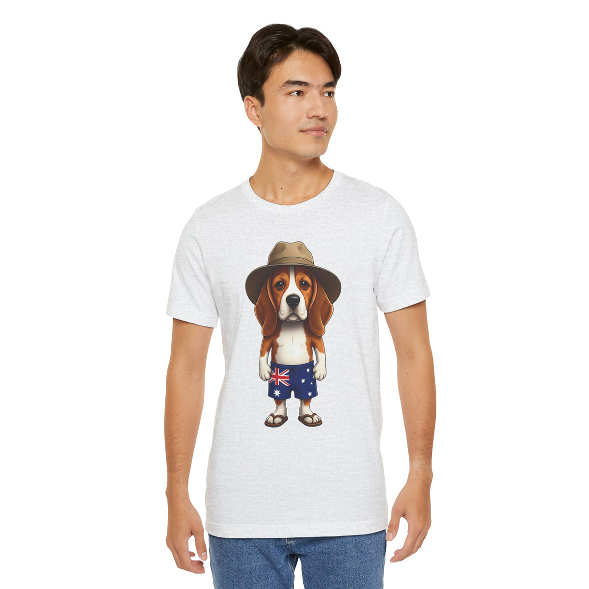 Beagle Aussie Summer Tee - Cute Dog in Akubra Hat & Australian Flag Shorts