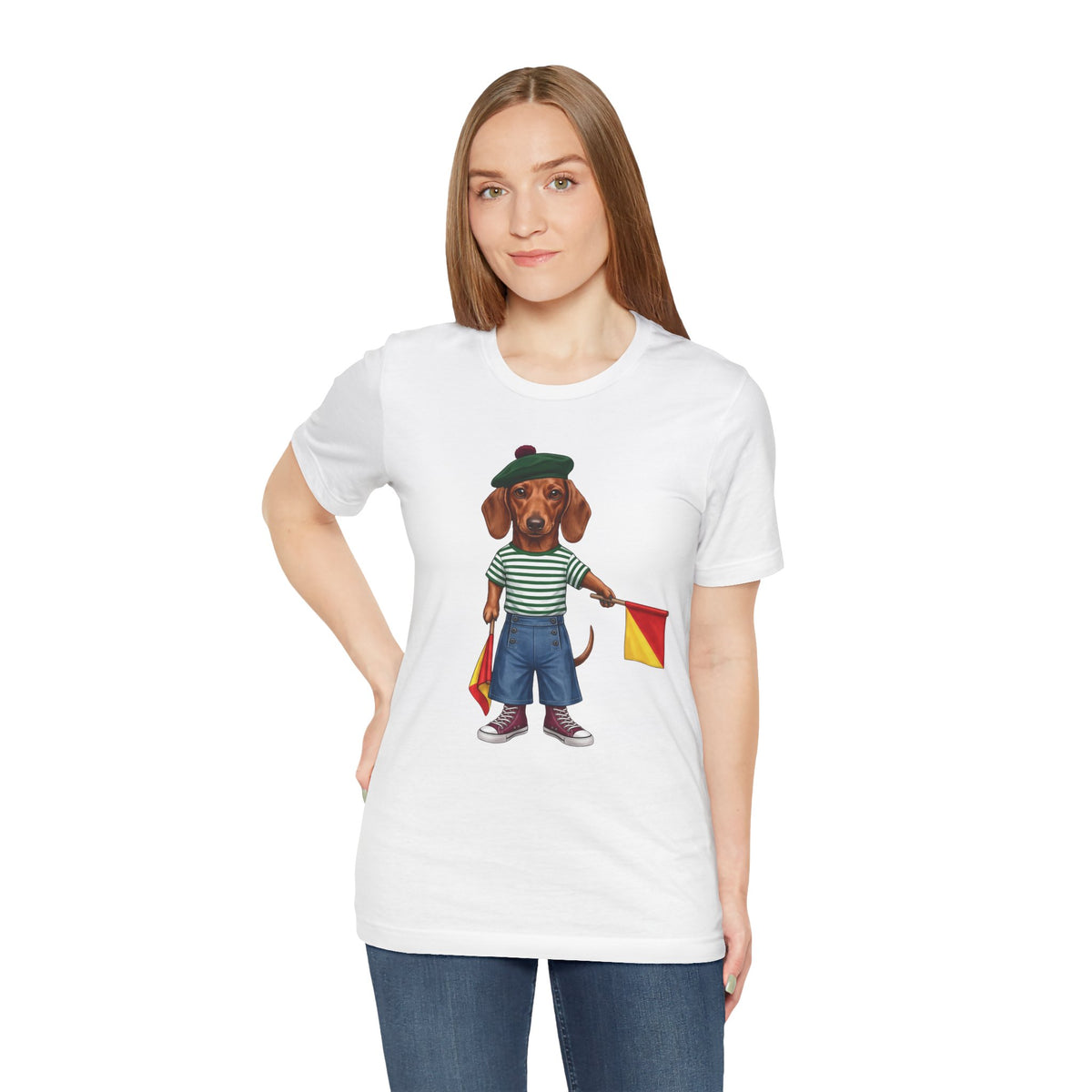 Semaphore Dachshund Graphic Unisex T-Shirt – Letter B | Maritime Signal Dog Tee