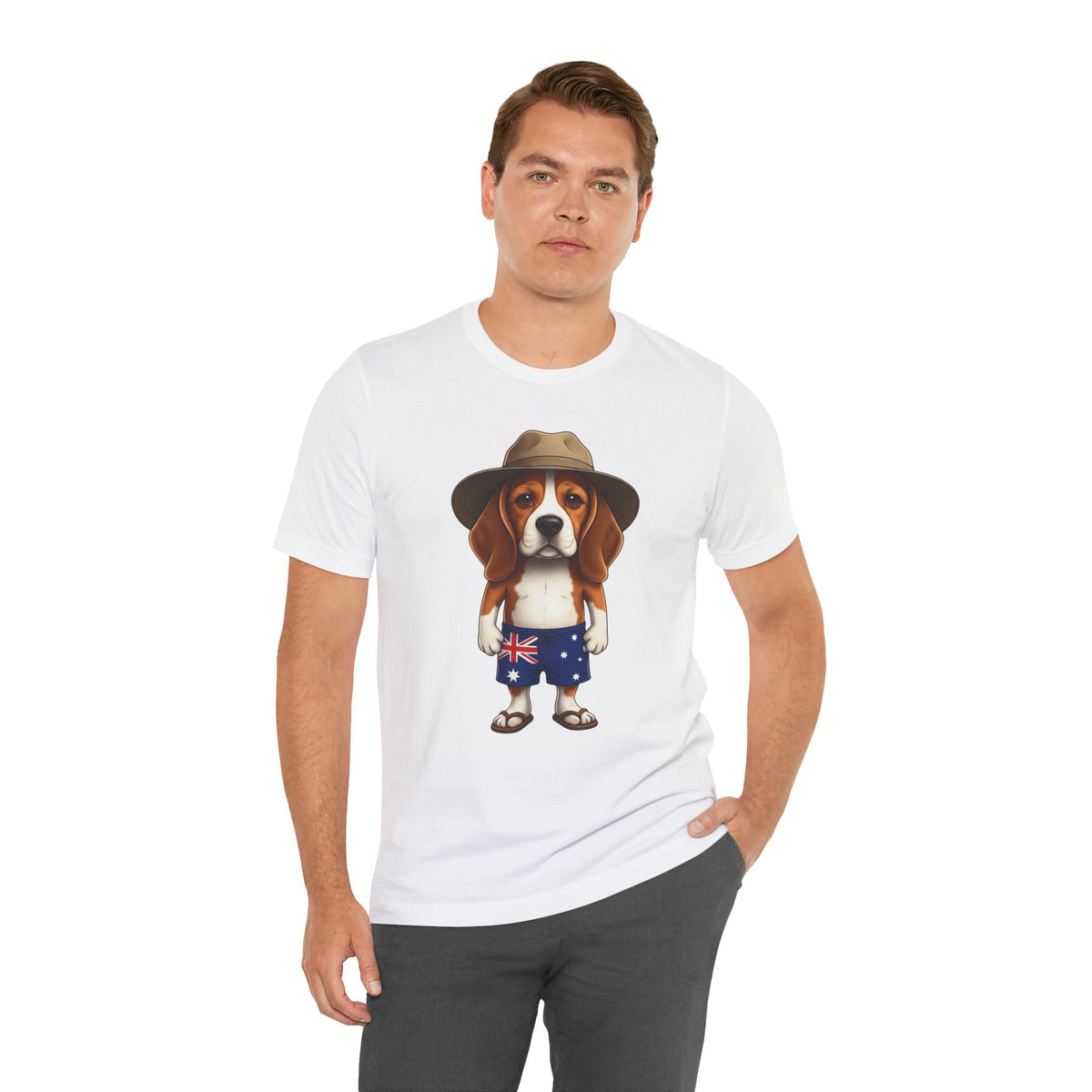 Beagle Aussie Summer Tee - Cute Dog in Akubra Hat & Australian Flag Shorts