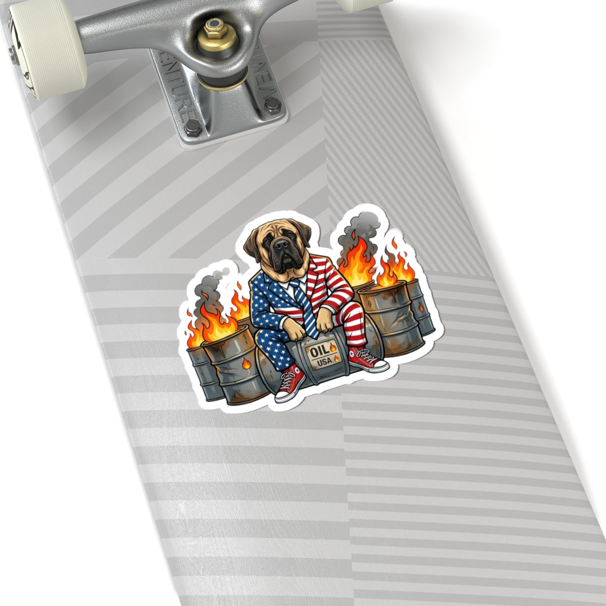 Patriotic Mastiff Sticker — American Flag Suit, Oil Drum Flames Kiss-Cut Decal
