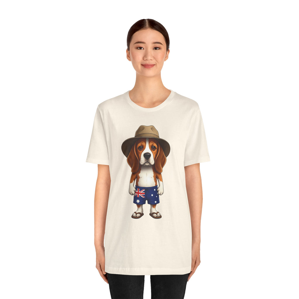 Beagle Aussie Summer Tee - Cute Dog in Akubra Hat & Australian Flag Shorts