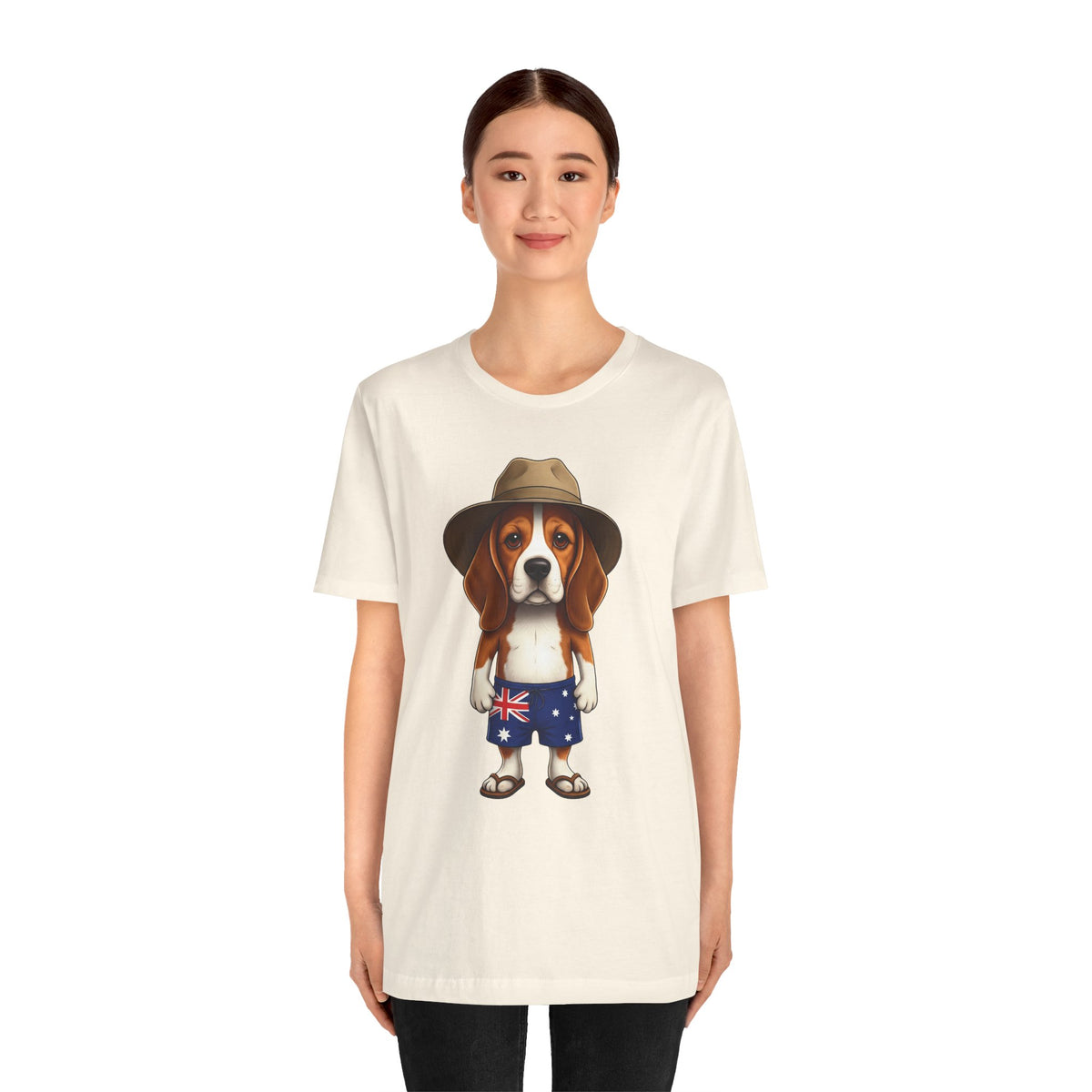 Beagle Aussie Summer Tee - Cute Dog in Akubra Hat & Australian Flag Shorts