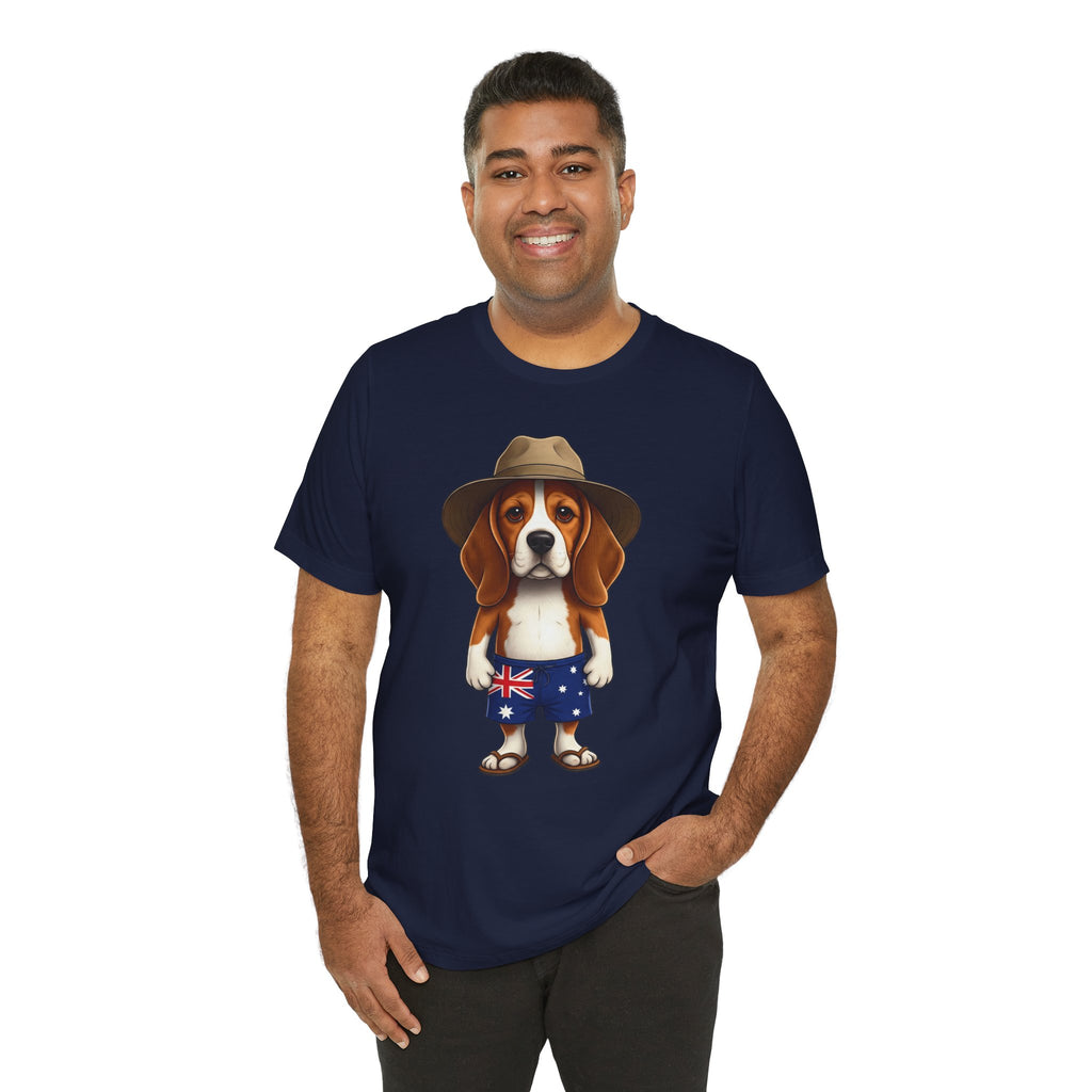 Beagle Aussie Summer Tee - Cute Dog in Akubra Hat & Australian Flag Shorts