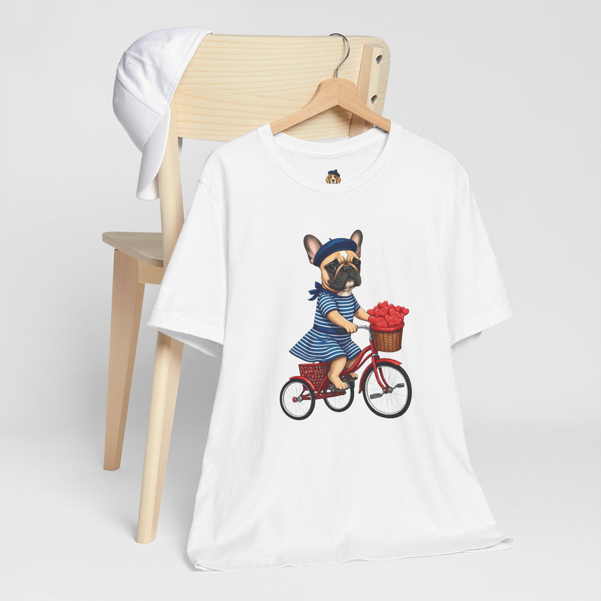 Frenchie à Vélo T-Shirt — French Bulldog on Bicycle with Heart Roses Tee