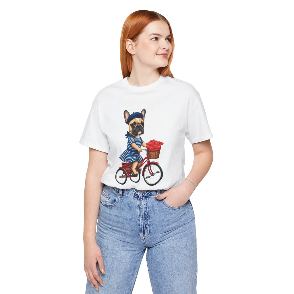 Frenchie à Vélo T-Shirt — French Bulldog on Bicycle with Heart Roses Tee
