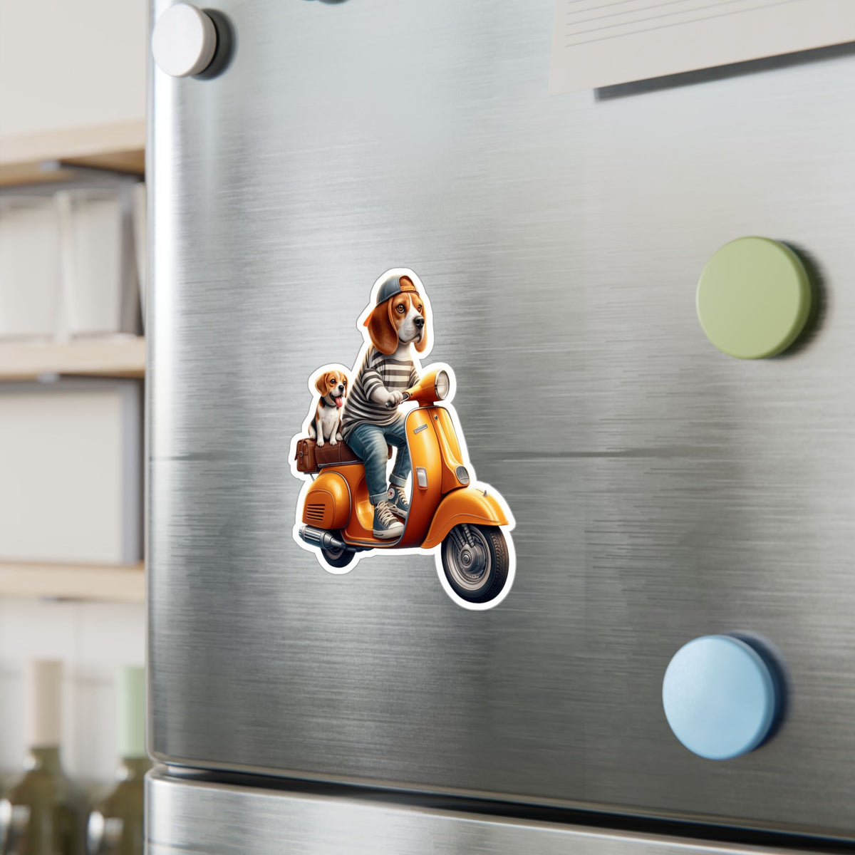 Beagle on Orange Vespa Kiss-Cut Vinyl Decal — Cute ‘La Dolce Vita’ Scooter Sticker