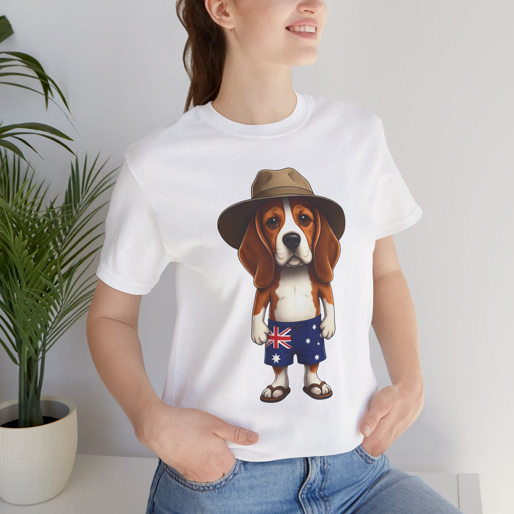Beagle Aussie Summer Tee - Cute Dog in Akubra Hat & Australian Flag Shorts