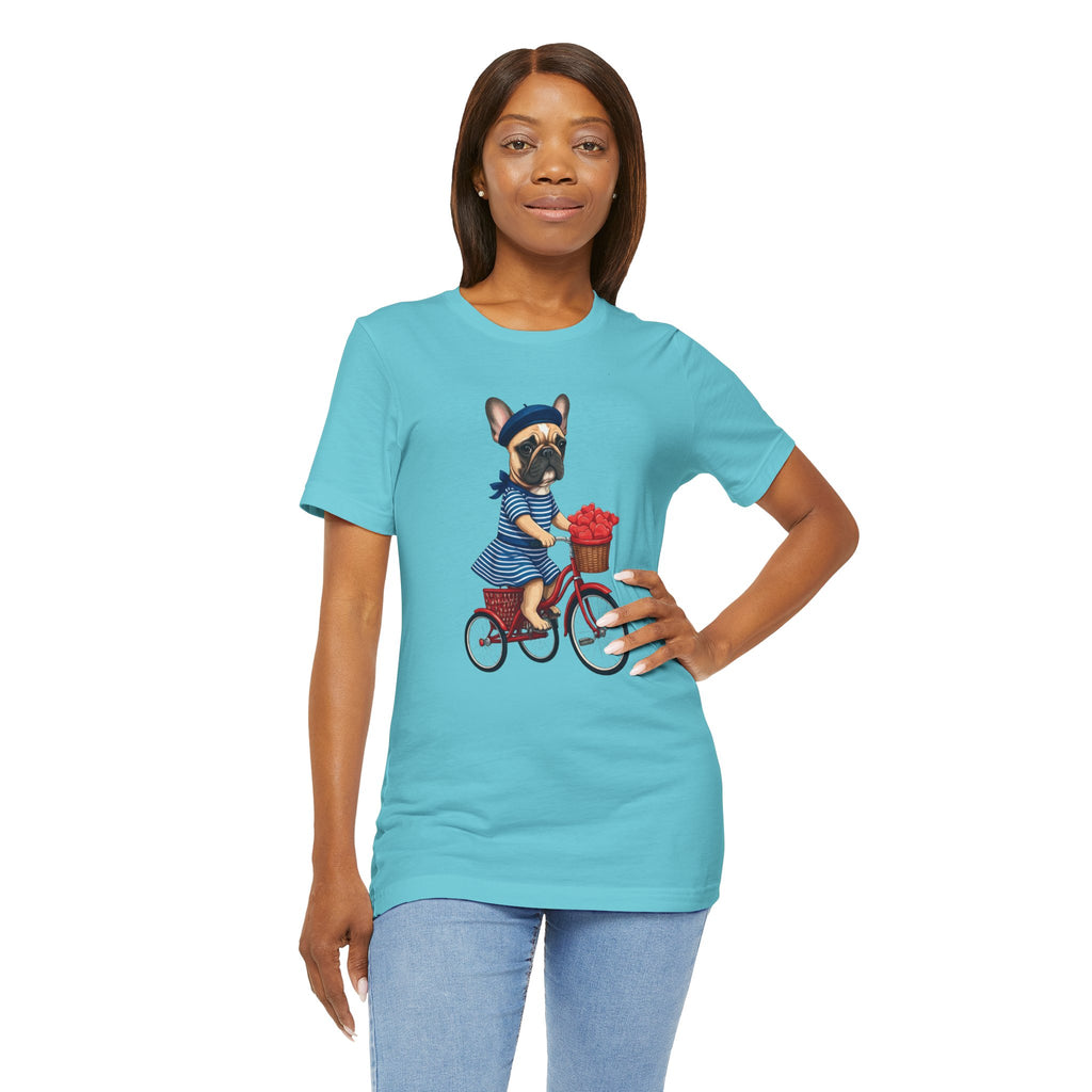Frenchie à Vélo T-Shirt — French Bulldog on Bicycle with Heart Roses Tee