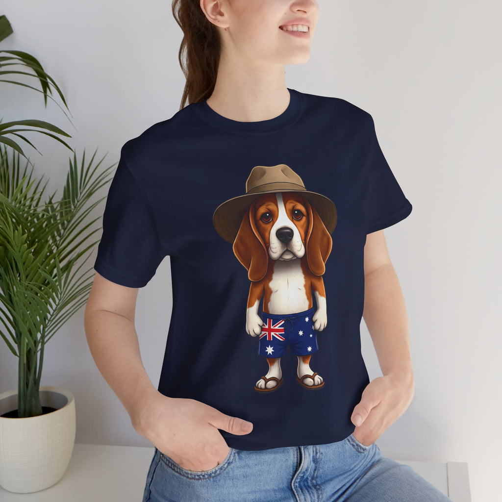 Beagle Aussie Summer Tee - Cute Dog in Akubra Hat & Australian Flag Shorts