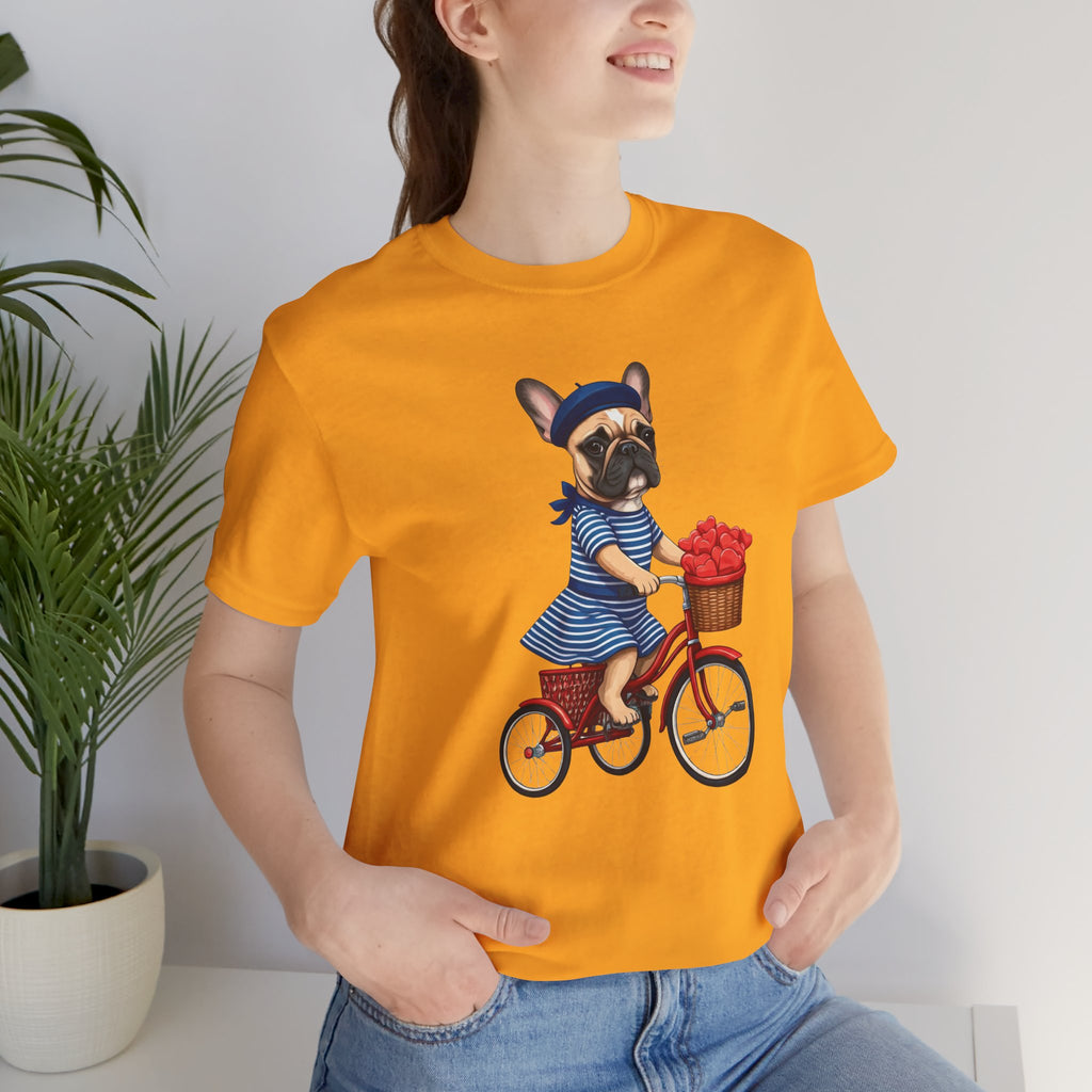 Frenchie à Vélo T-Shirt — French Bulldog on Bicycle with Heart Roses Tee