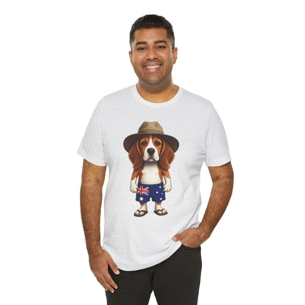 Beagle Aussie Summer Tee - Cute Dog in Akubra Hat & Australian Flag Shorts