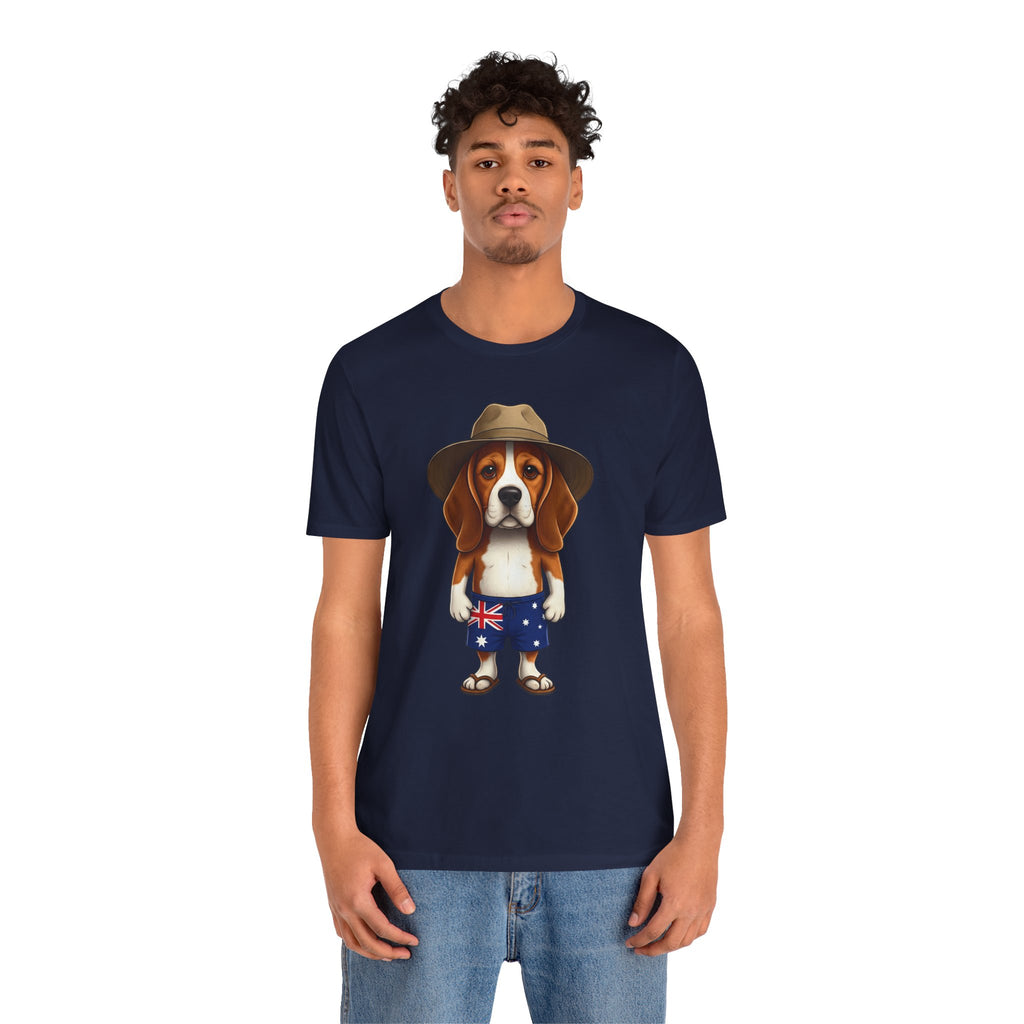 Beagle Aussie Summer Tee - Cute Dog in Akubra Hat & Australian Flag Shorts