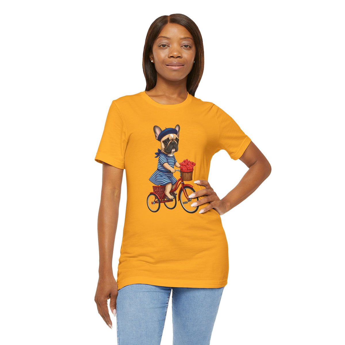 Frenchie à Vélo T-Shirt — French Bulldog on Bicycle with Heart Roses Tee