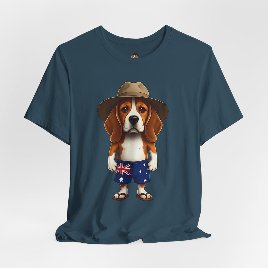 Beagle Aussie Summer Tee - Cute Dog in Akubra Hat & Australian Flag Shorts