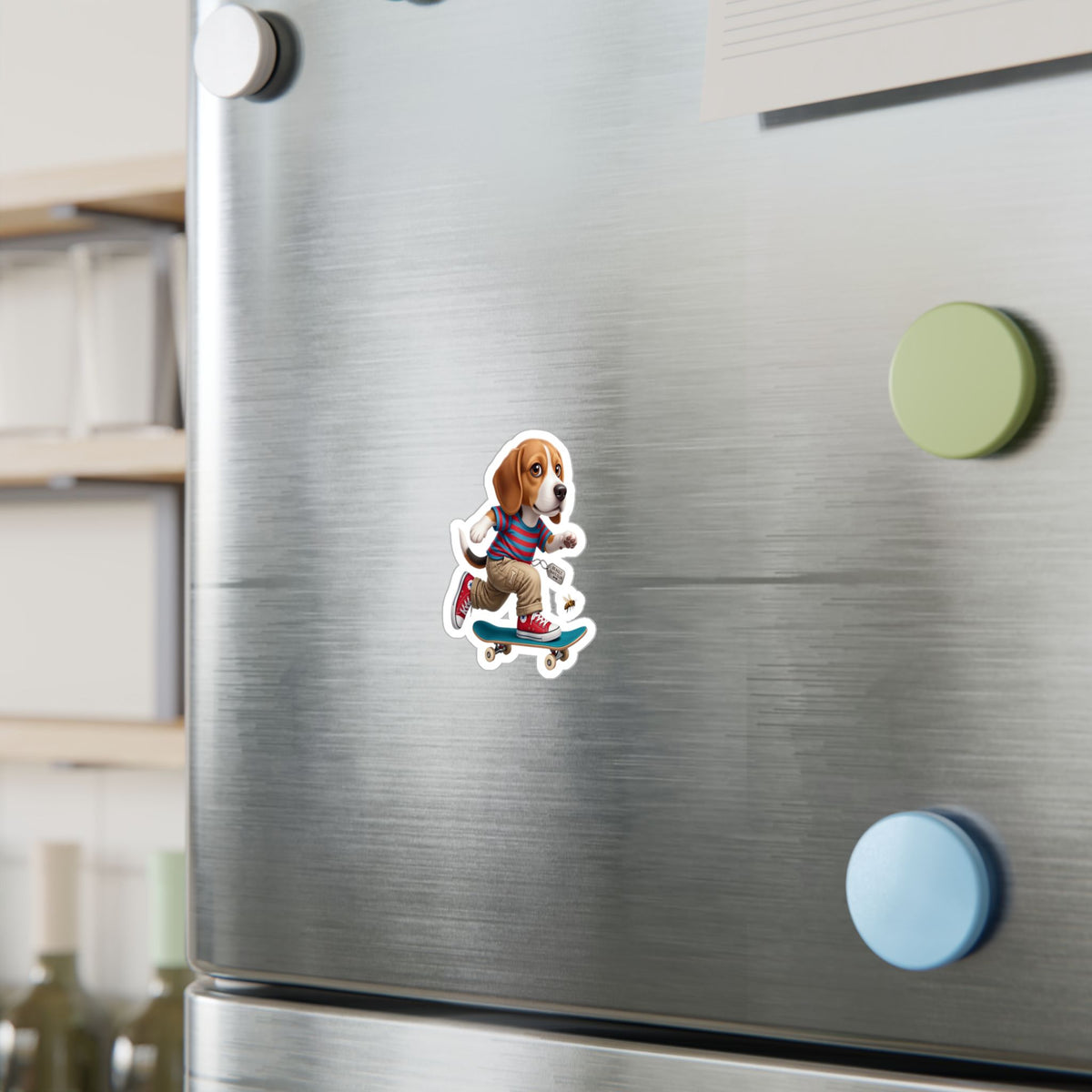 Skateboarding Beagle Sticker — Cute Vinyl Kiss-Cut Decal for Laptops, Water Bottles & Windows