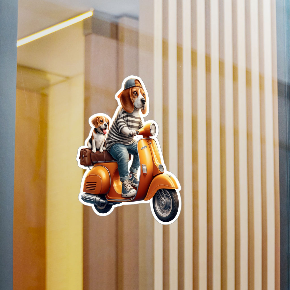 Beagle on Orange Vespa Kiss-Cut Vinyl Decal — Cute ‘La Dolce Vita’ Scooter Sticker