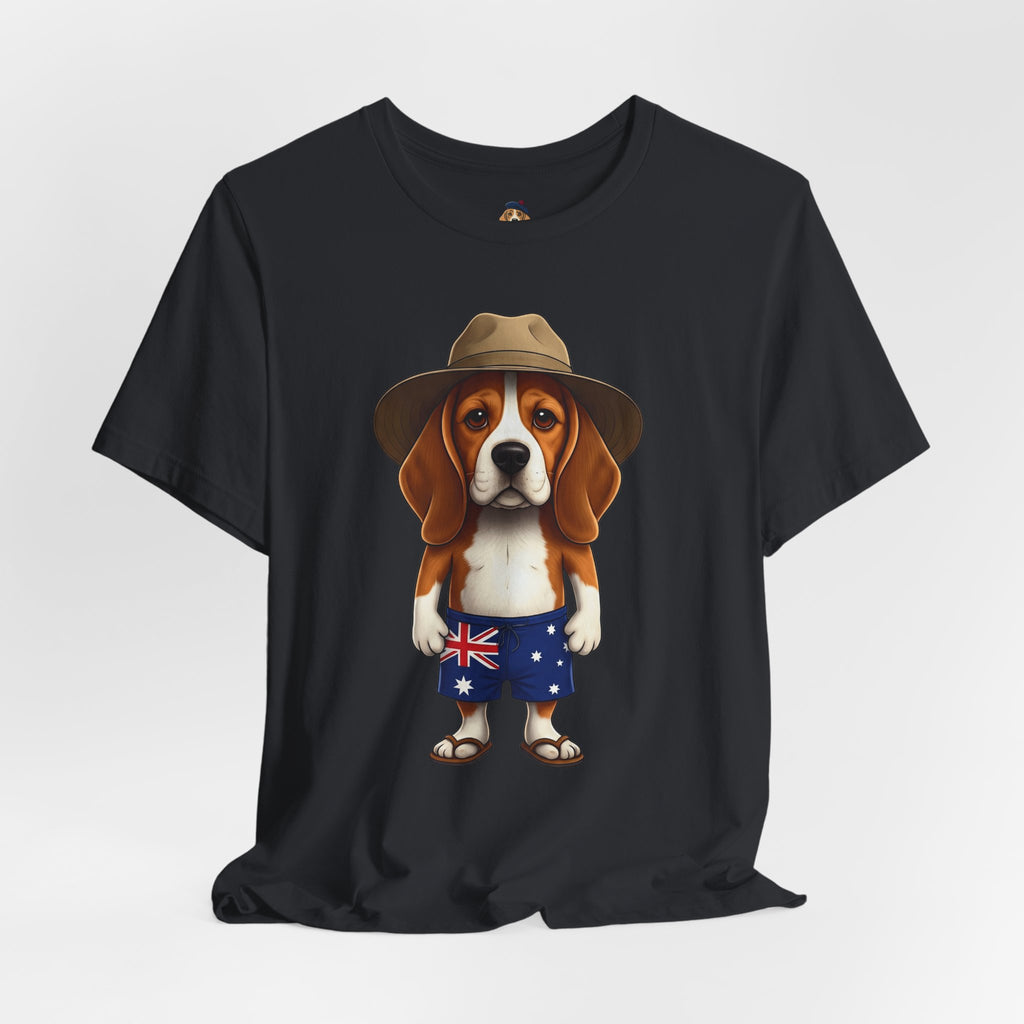 Beagle Aussie Summer Tee - Cute Dog in Akubra Hat & Australian Flag Shorts