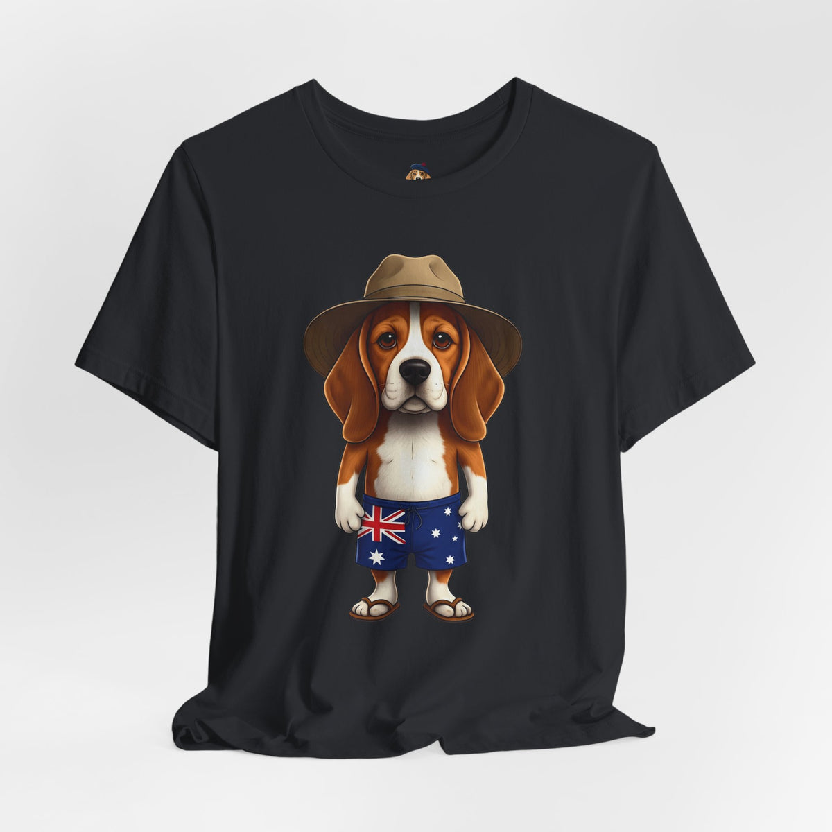 Beagle Aussie Summer Tee - Cute Dog in Akubra Hat & Australian Flag Shorts