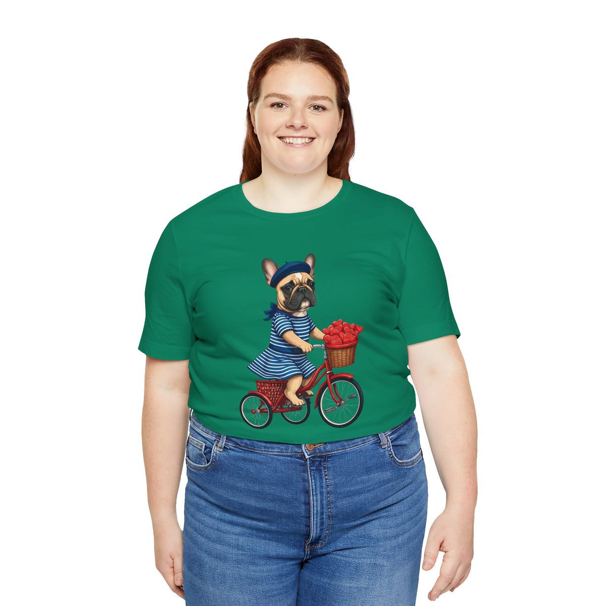 Frenchie à Vélo T-Shirt — French Bulldog on Bicycle with Heart Roses Tee