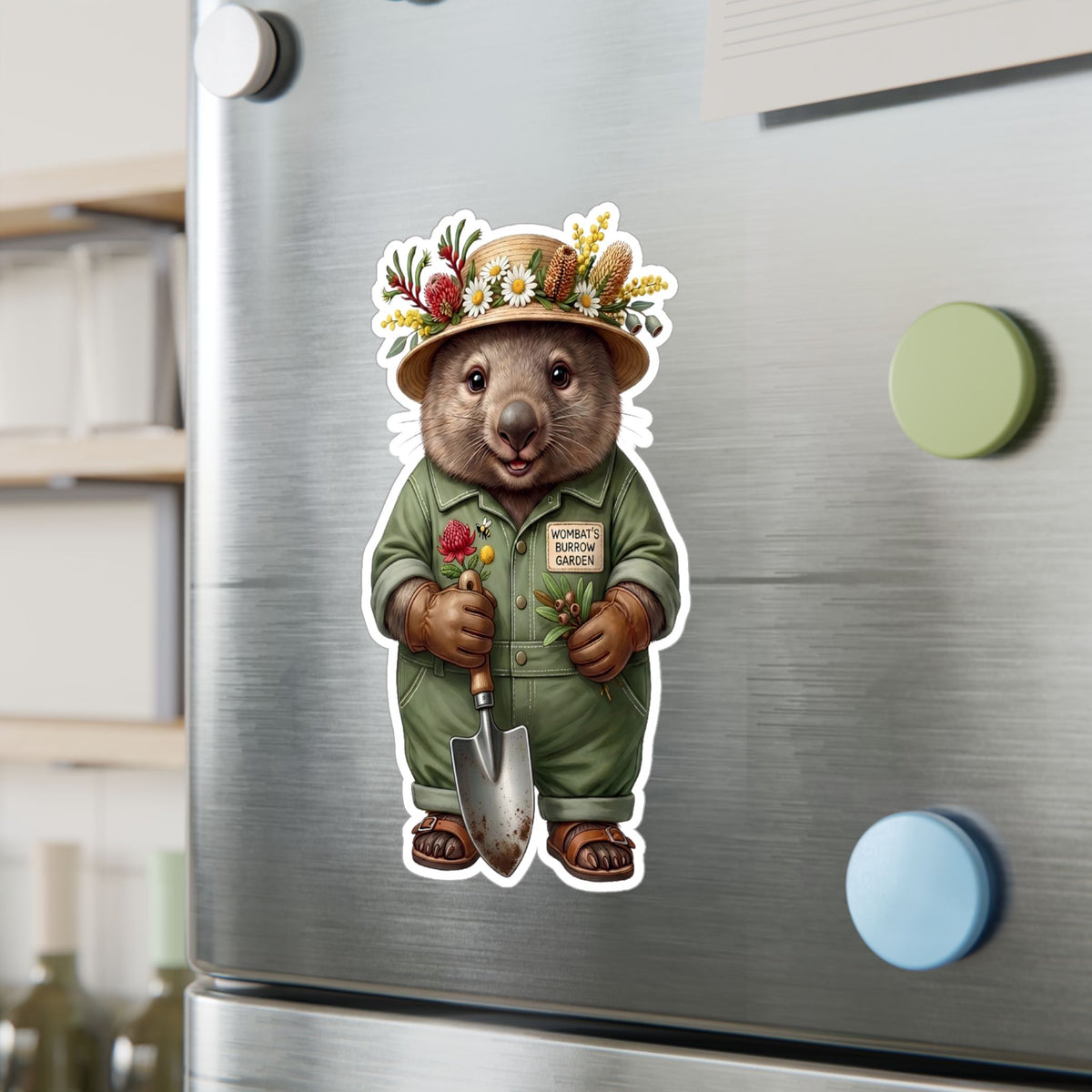Wombat Gardener Die-Cut Vinyl Sticker - Weatherproof Australian Native Botanical Decal