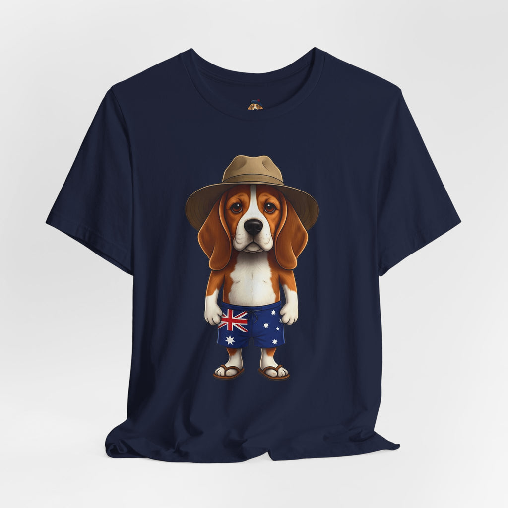 Beagle Aussie Summer Tee - Cute Dog in Akubra Hat & Australian Flag Shorts