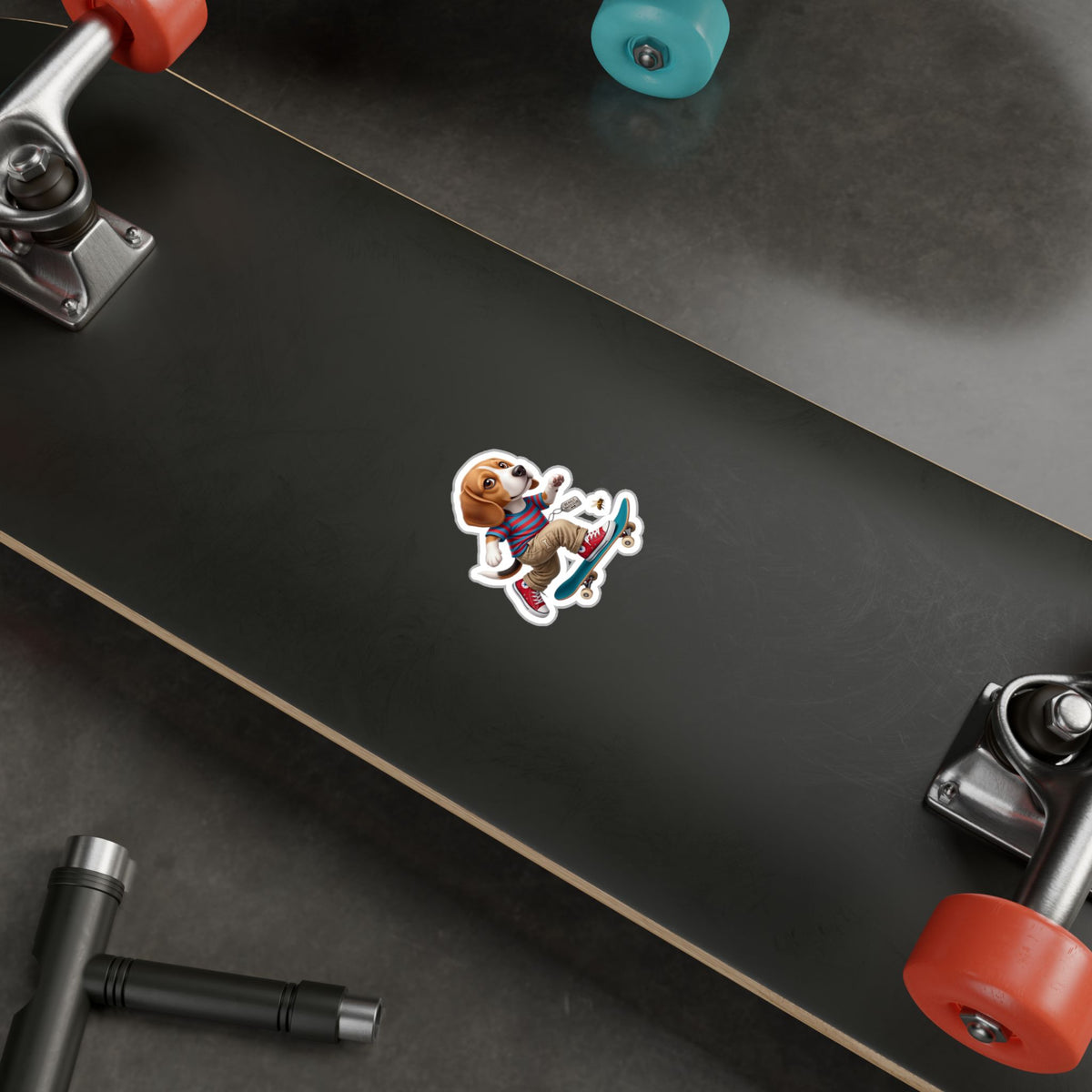Skateboarding Beagle Sticker — Cute Vinyl Kiss-Cut Decal for Laptops, Water Bottles & Windows