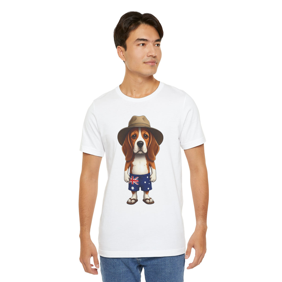 Beagle Aussie Summer Tee - Cute Dog in Akubra Hat & Australian Flag Shorts