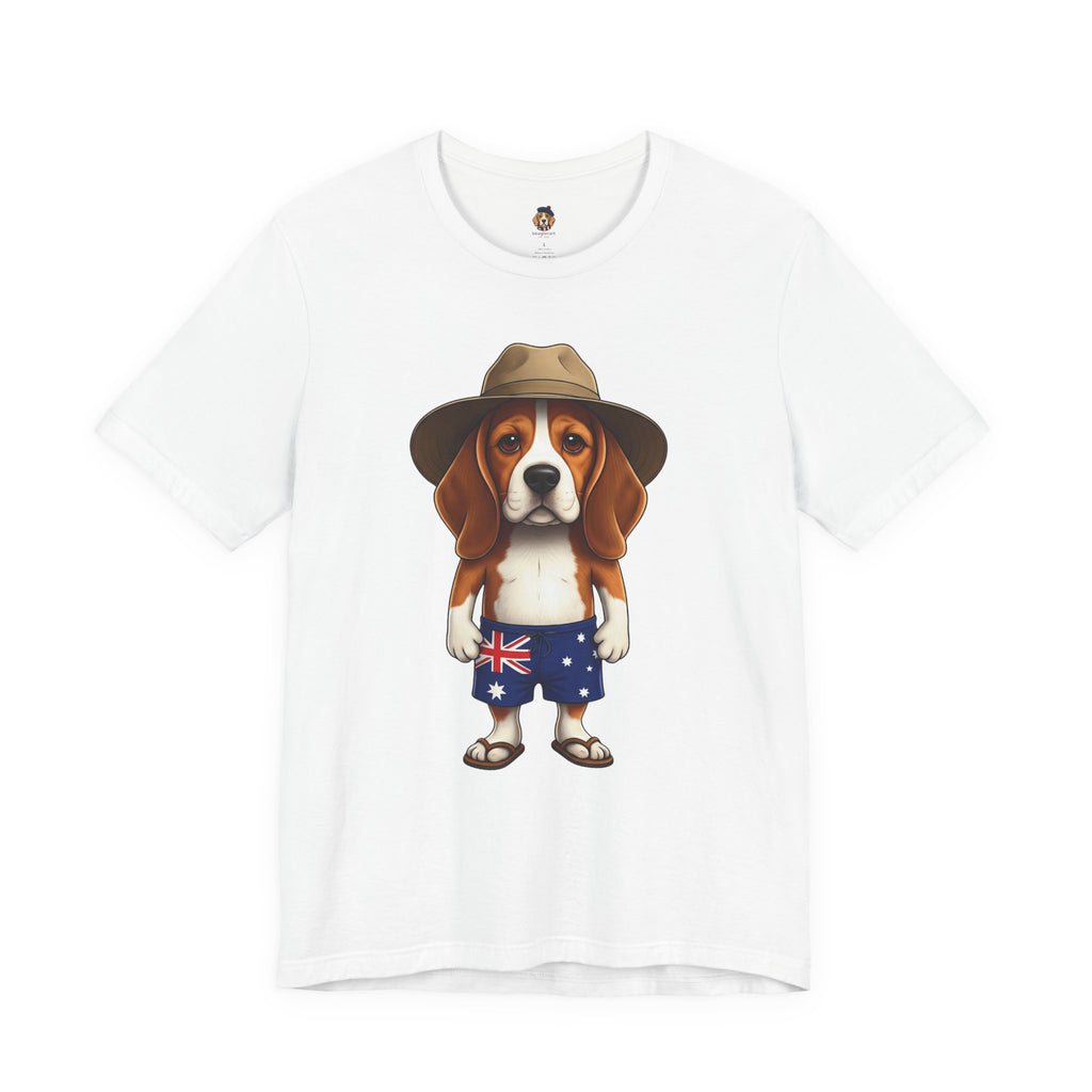 Beagle Aussie Summer Tee - Cute Dog in Akubra Hat & Australian Flag Shorts