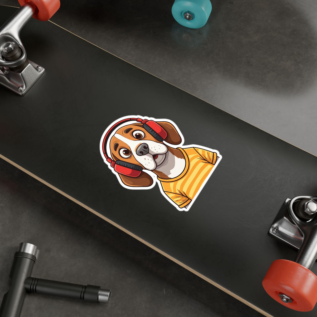 Beagle with Headphones Vinyl Sticker — Cute Startled Dog Decal for Laptops & Water Bottles