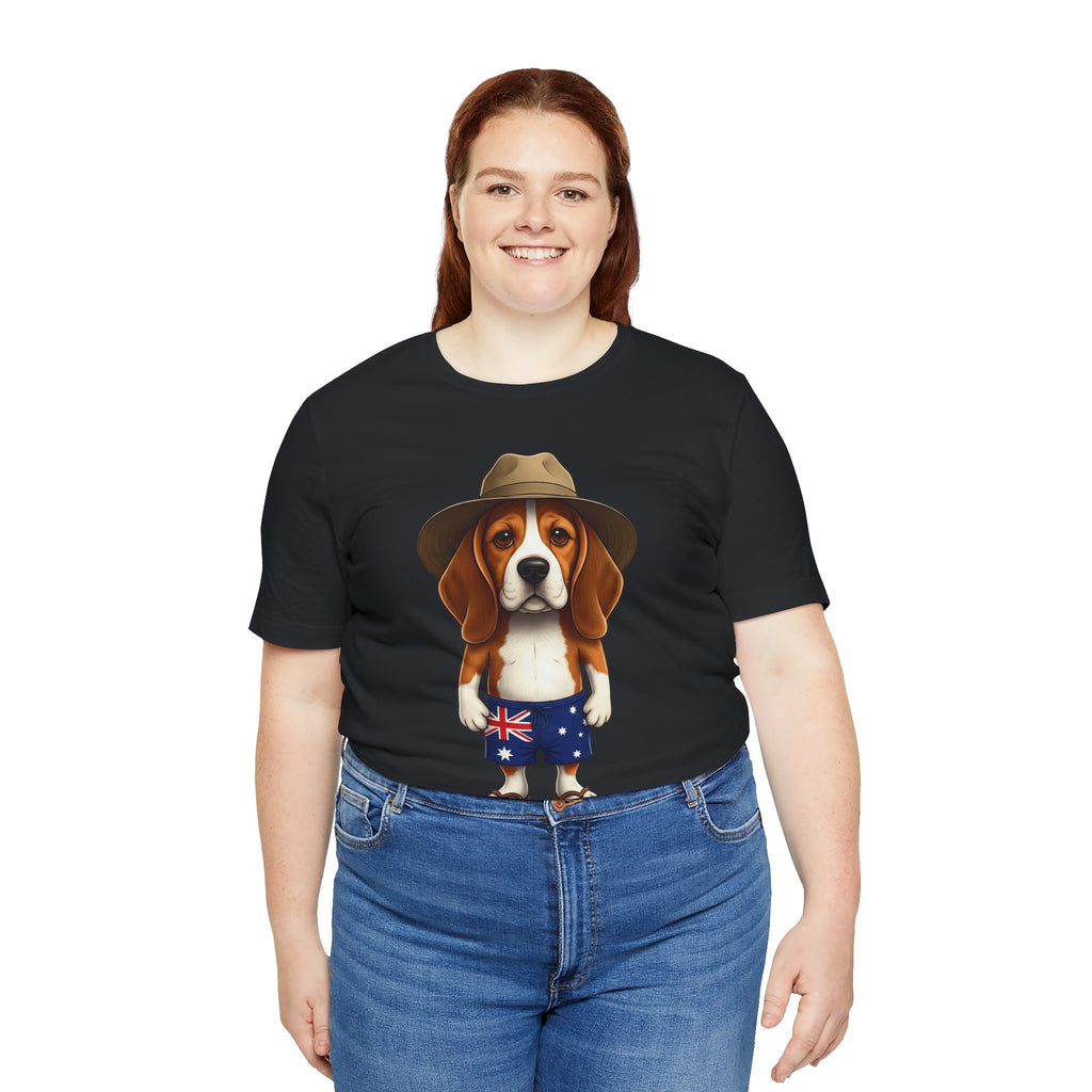 Beagle Aussie Summer Tee - Cute Dog in Akubra Hat & Australian Flag Shorts