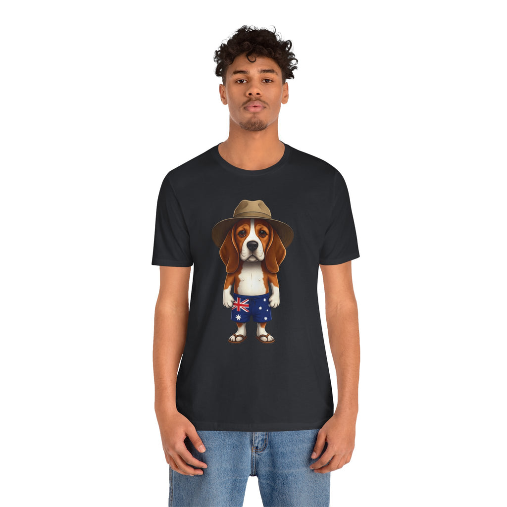 Beagle Aussie Summer Tee - Cute Dog in Akubra Hat & Australian Flag Shorts