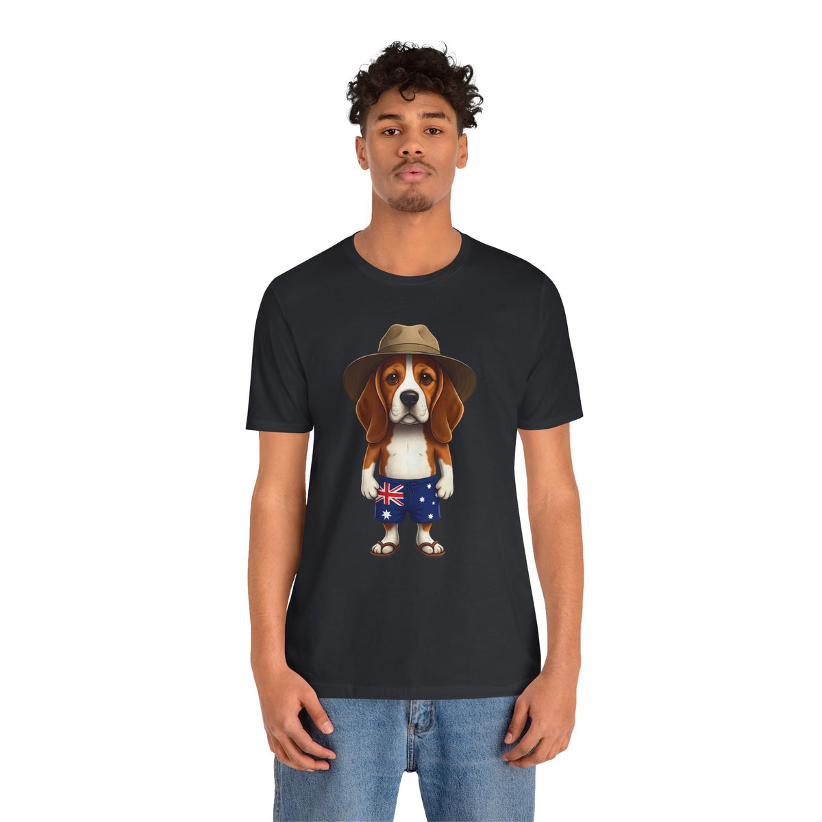 Beagle Aussie Summer Tee - Cute Dog in Akubra Hat & Australian Flag Shorts